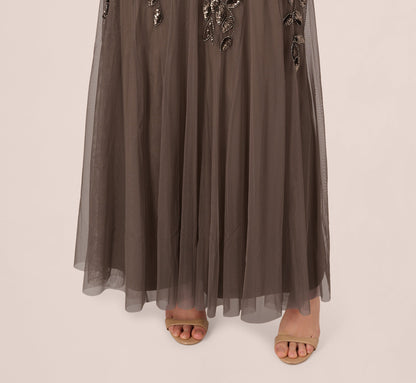 Hand Beaded Short Sleeve Floral Godet Gown - Lead | Adrianna Papell