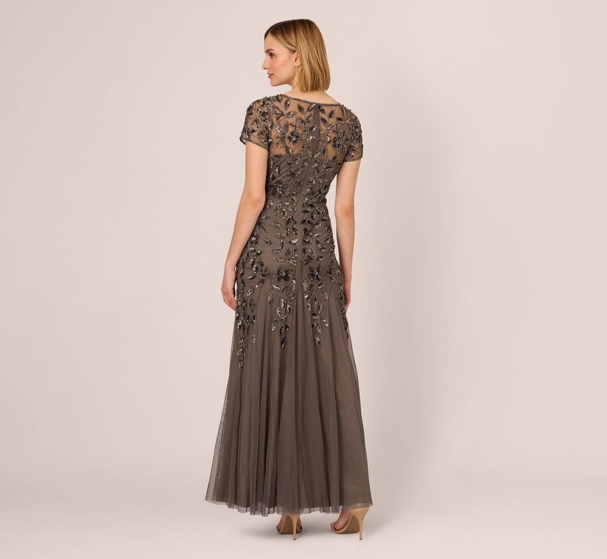 Hand Beaded Short Sleeve Floral Godet Gown - Lead | Adrianna Papell