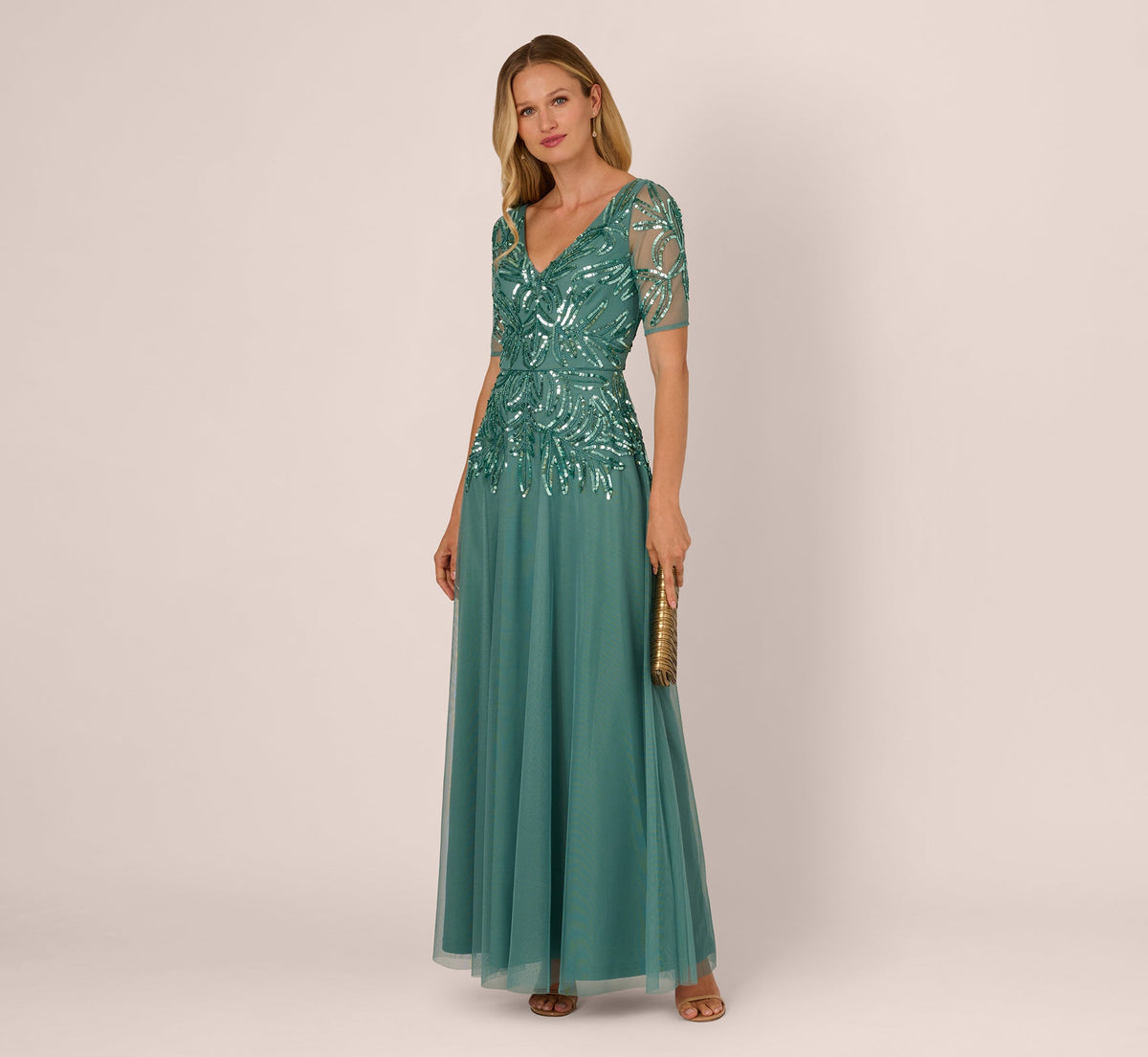Beaded Mesh Long Dress - Green Slate | Adrianna Papell
