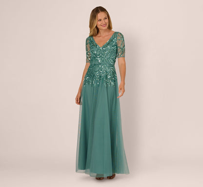 Beaded Mesh Long Dress - Green Slate | Adrianna Papell
