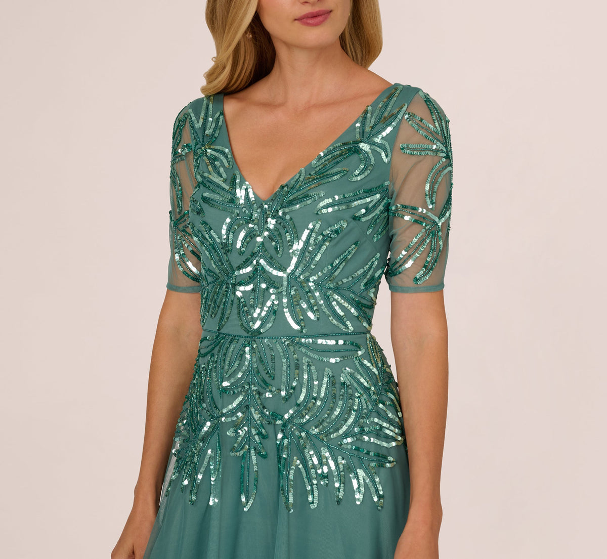Beaded Mesh Long Dress - Green Slate | Adrianna Papell
