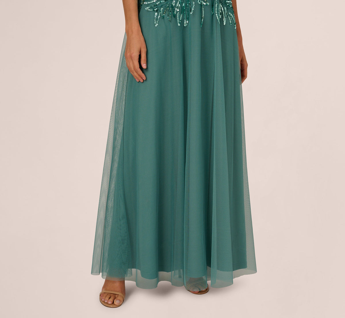 Beaded Mesh Long Dress - Green Slate | Adrianna Papell