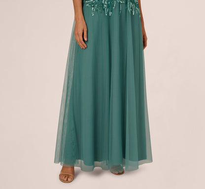 Beaded Mesh Long Dress - Green Slate | Adrianna Papell