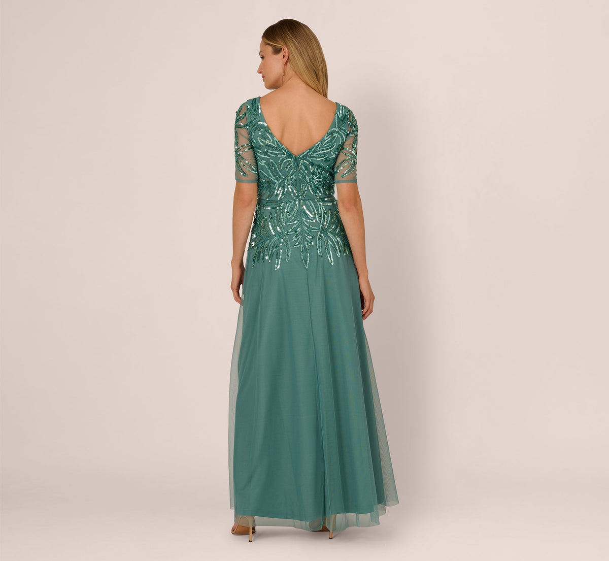 Beaded Mesh Long Dress - Green Slate | Adrianna Papell