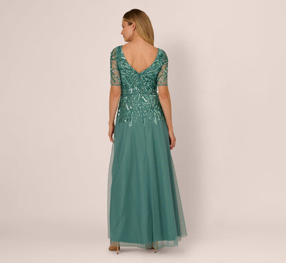 Beaded Mesh Long Dress - Green Slate | Adrianna Papell