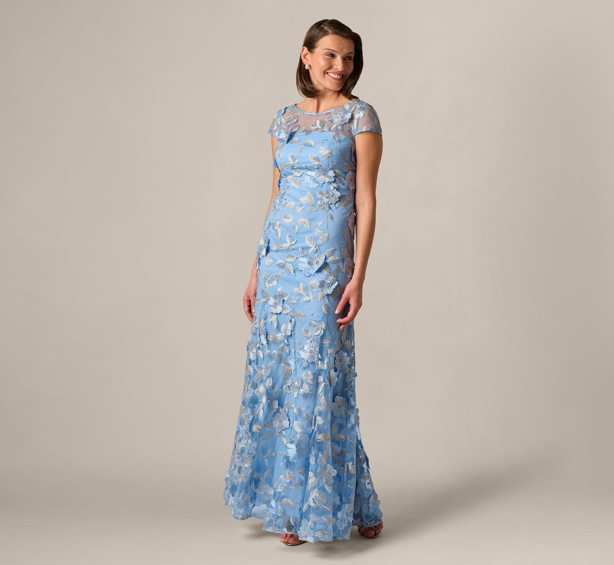 Cap Sleeve Floral Embroidered Illusion Godet Gown - Light Blue Gold | Adrianna Papell