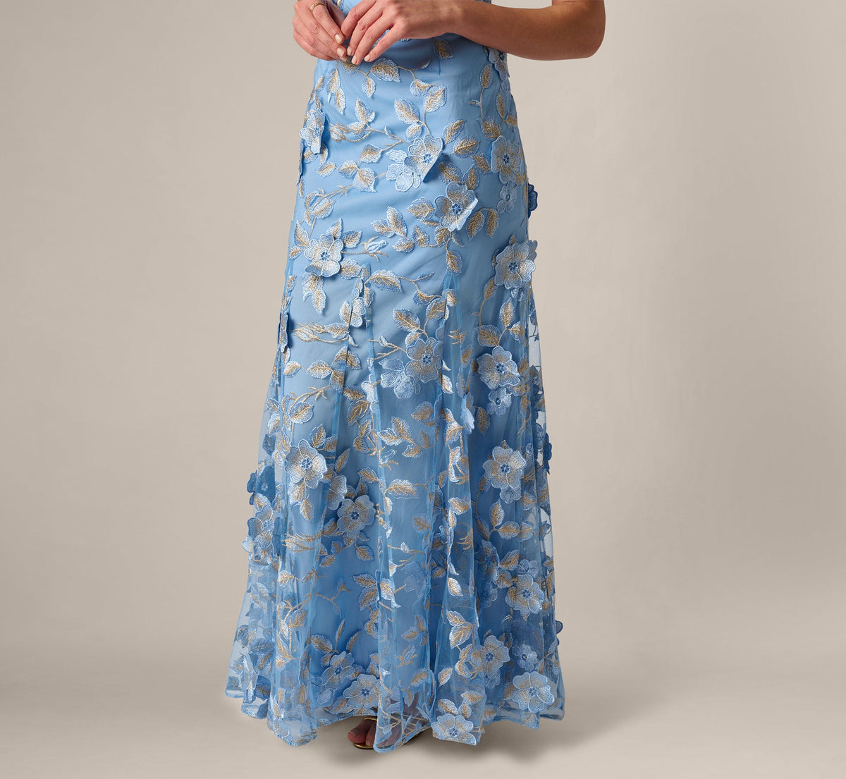 Cap Sleeve Floral Embroidered Illusion Godet Gown - Light Blue Gold | Adrianna Papell