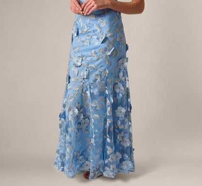 Cap Sleeve Floral Embroidered Illusion Godet Gown - Light Blue Gold | Adrianna Papell