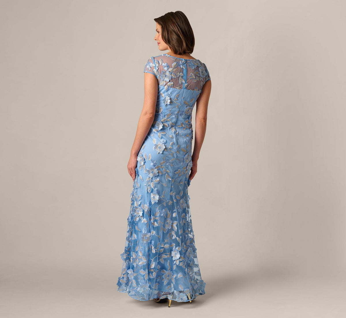 Cap Sleeve Floral Embroidered Illusion Godet Gown - Light Blue Gold | Adrianna Papell