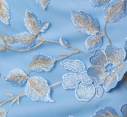 Cap Sleeve Floral Embroidered Illusion Godet Gown - Light Blue Gold | Adrianna Papell