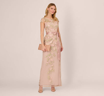 Short Sleeve Floral Embroidered Gown With Ribbon Tie Waist - Blush Nude Multi | Adrianna Papell