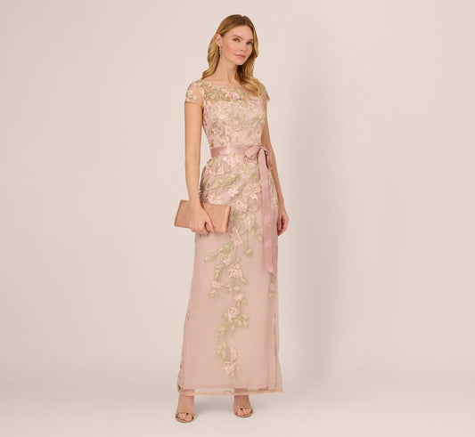Short Sleeve Floral Embroidered Gown With Ribbon Tie Waist - Blush Nude Multi | Adrianna Papell