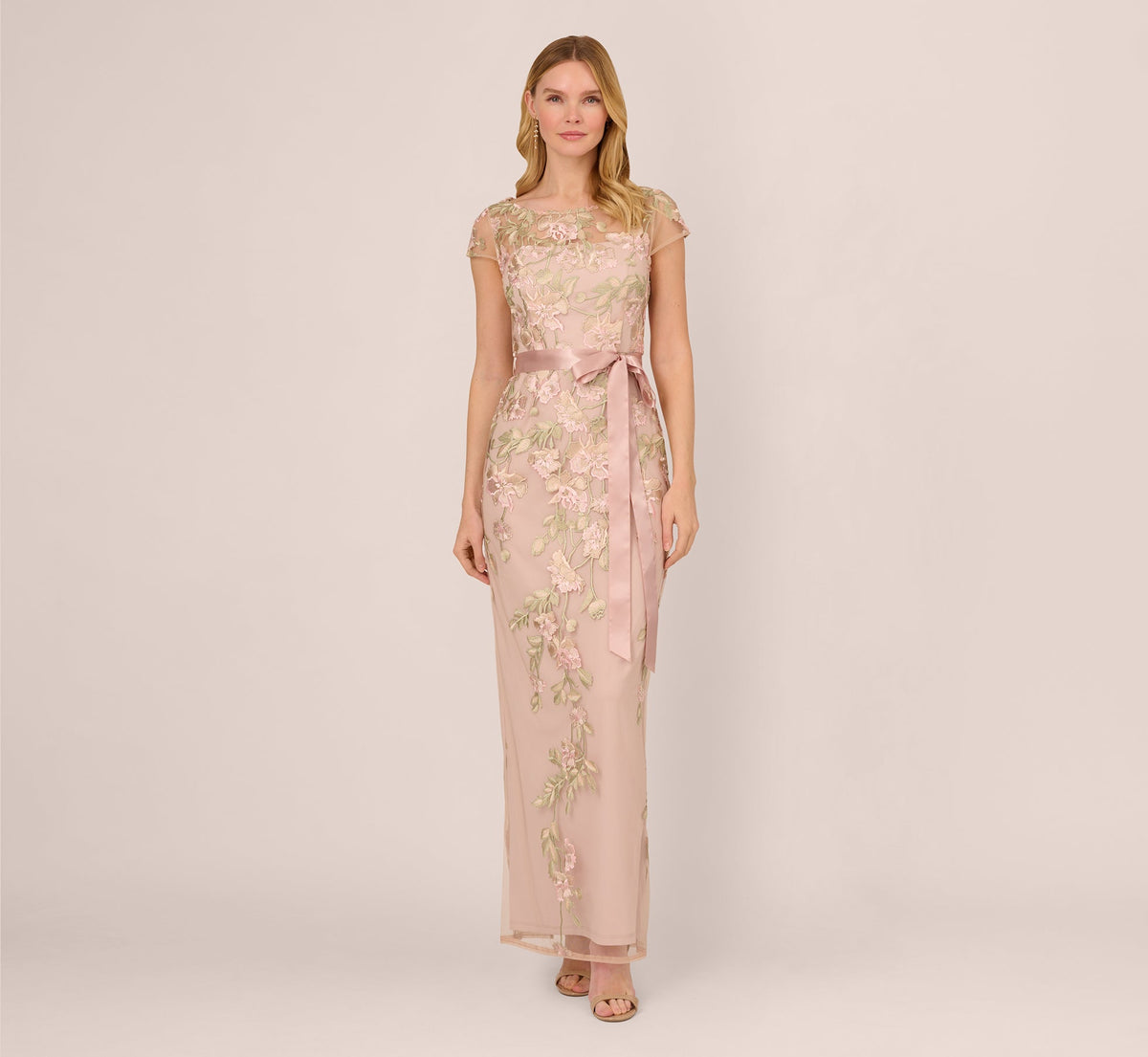 Short Sleeve Floral Embroidered Gown With Ribbon Tie Waist - Blush Nude Multi | Adrianna Papell