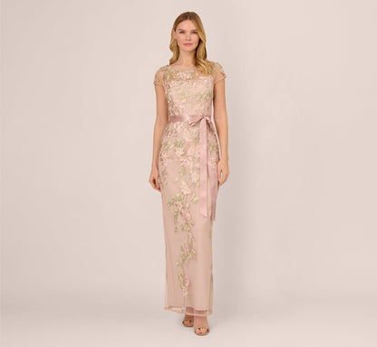 Short Sleeve Floral Embroidered Gown With Ribbon Tie Waist - Blush Nude Multi | Adrianna Papell