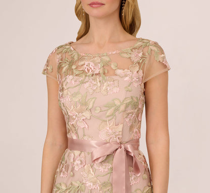 Short Sleeve Floral Embroidered Gown With Ribbon Tie Waist - Blush Nude Multi | Adrianna Papell