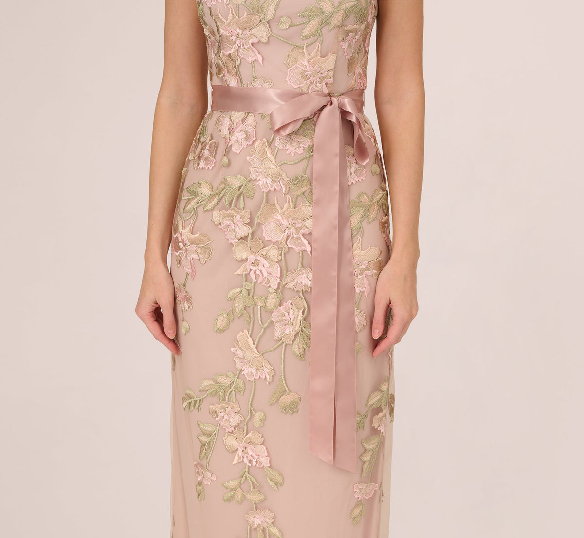 Short Sleeve Floral Embroidered Gown With Ribbon Tie Waist - Blush Nude Multi | Adrianna Papell