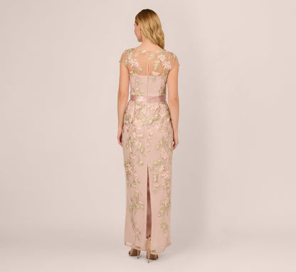 Short Sleeve Floral Embroidered Gown With Ribbon Tie Waist - Blush Nude Multi | Adrianna Papell