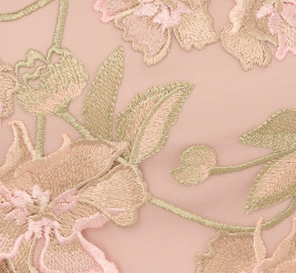 Short Sleeve Floral Embroidered Gown With Ribbon Tie Waist - Blush Nude Multi | Adrianna Papell