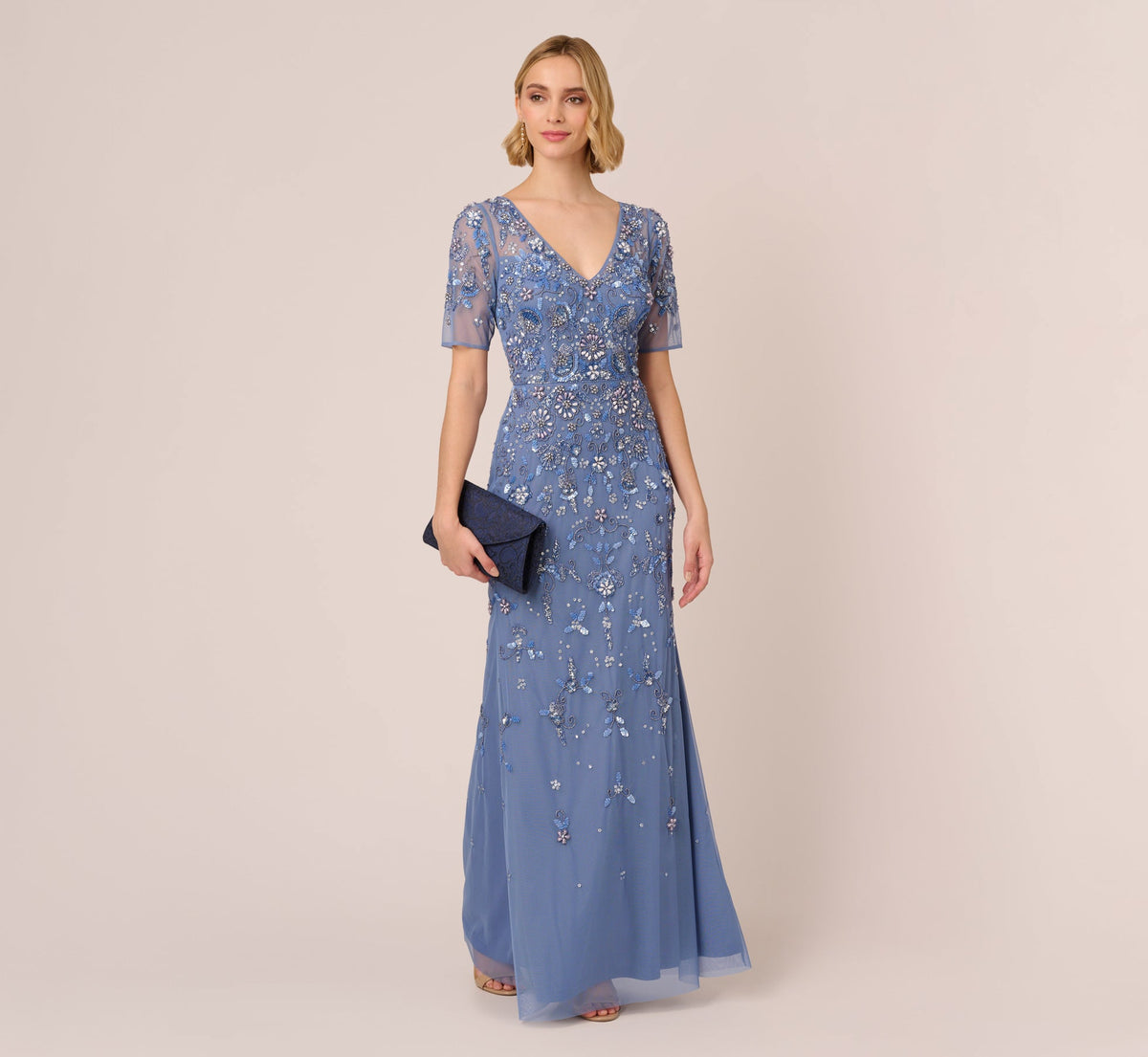 3D Floral Beaded Mermaid Gown With Sheer Short Sleeves - French Blue | Adrianna Papell