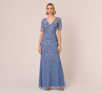 3D Floral Beaded Mermaid Gown With Sheer Short Sleeves - French Blue | Adrianna Papell