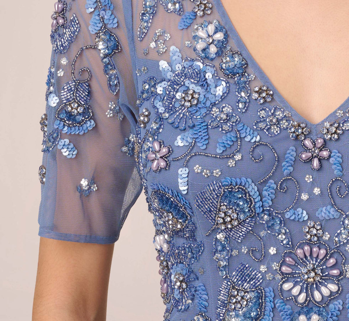 3D Floral Beaded Mermaid Gown With Sheer Short Sleeves - French Blue | Adrianna Papell