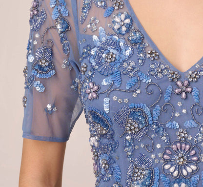 3D Floral Beaded Mermaid Gown With Sheer Short Sleeves - French Blue | Adrianna Papell