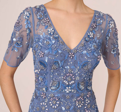 3D Floral Beaded Mermaid Gown With Sheer Short Sleeves - French Blue | Adrianna Papell