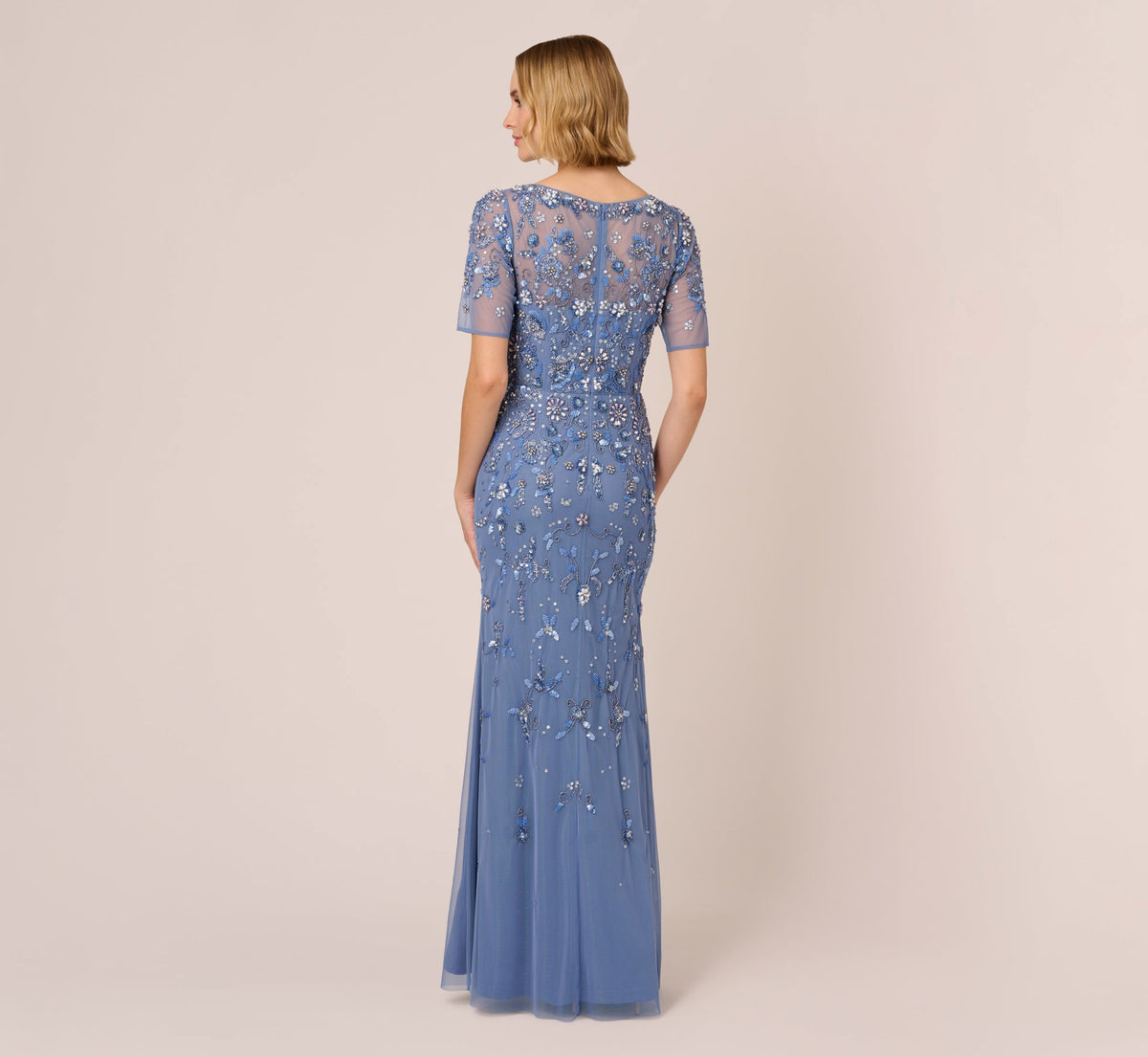 3D Floral Beaded Mermaid Gown With Sheer Short Sleeves - French Blue | Adrianna Papell