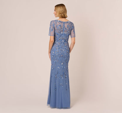 3D Floral Beaded Mermaid Gown With Sheer Short Sleeves - French Blue | Adrianna Papell