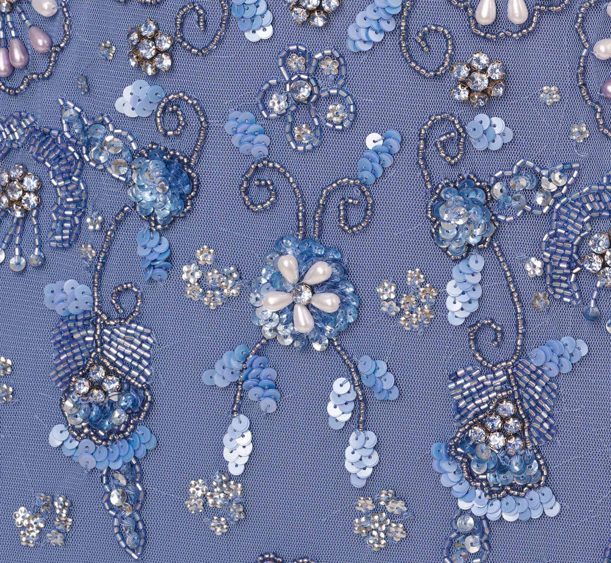 3D Floral Beaded Mermaid Gown With Sheer Short Sleeves - French Blue | Adrianna Papell