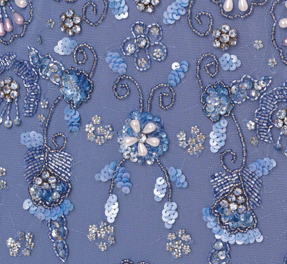 3D Floral Beaded Mermaid Gown With Sheer Short Sleeves - French Blue | Adrianna Papell