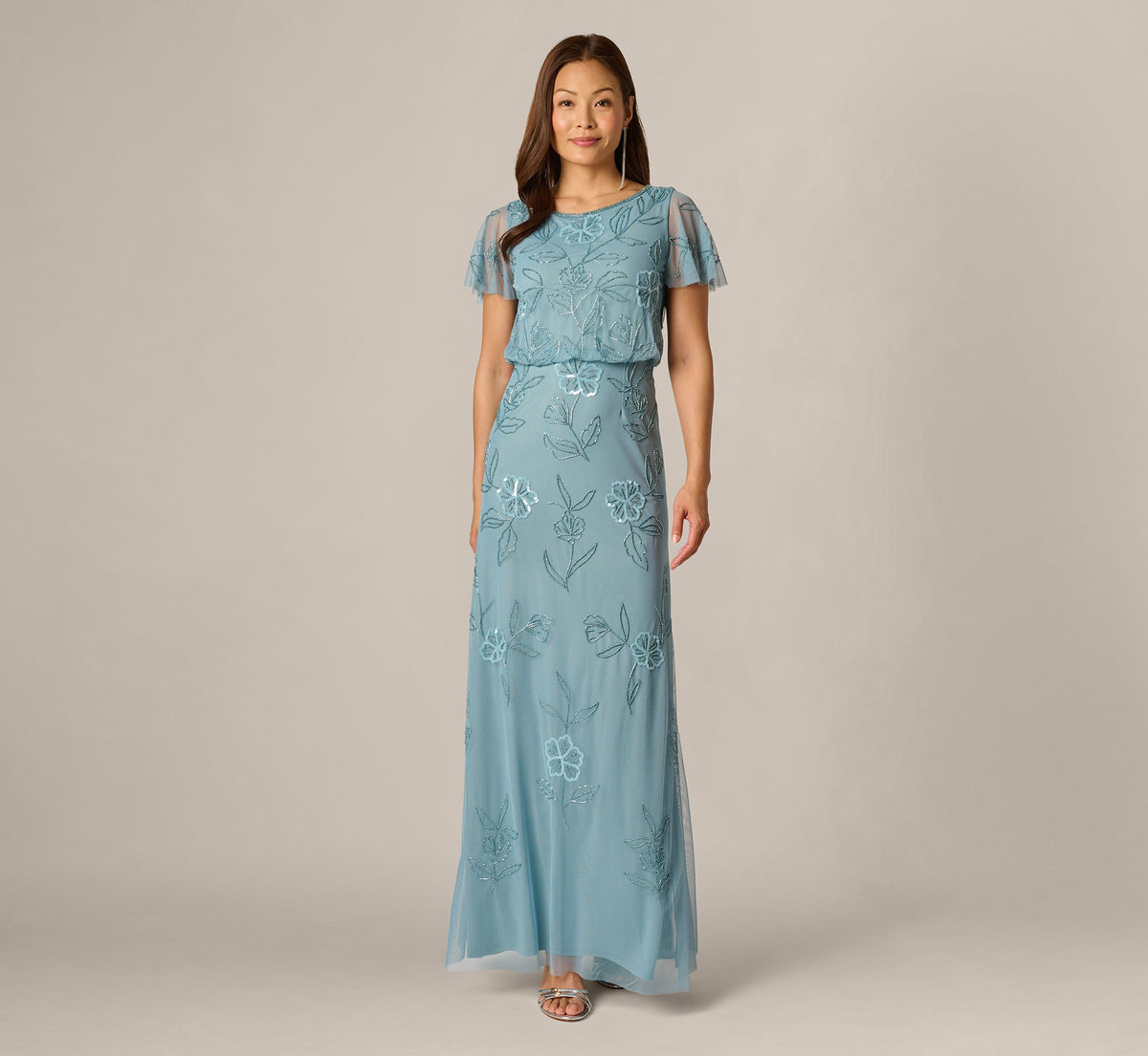 Flutter Sleeve Floral Beaded Blouson Gown - Air Sky | Adrianna Papell