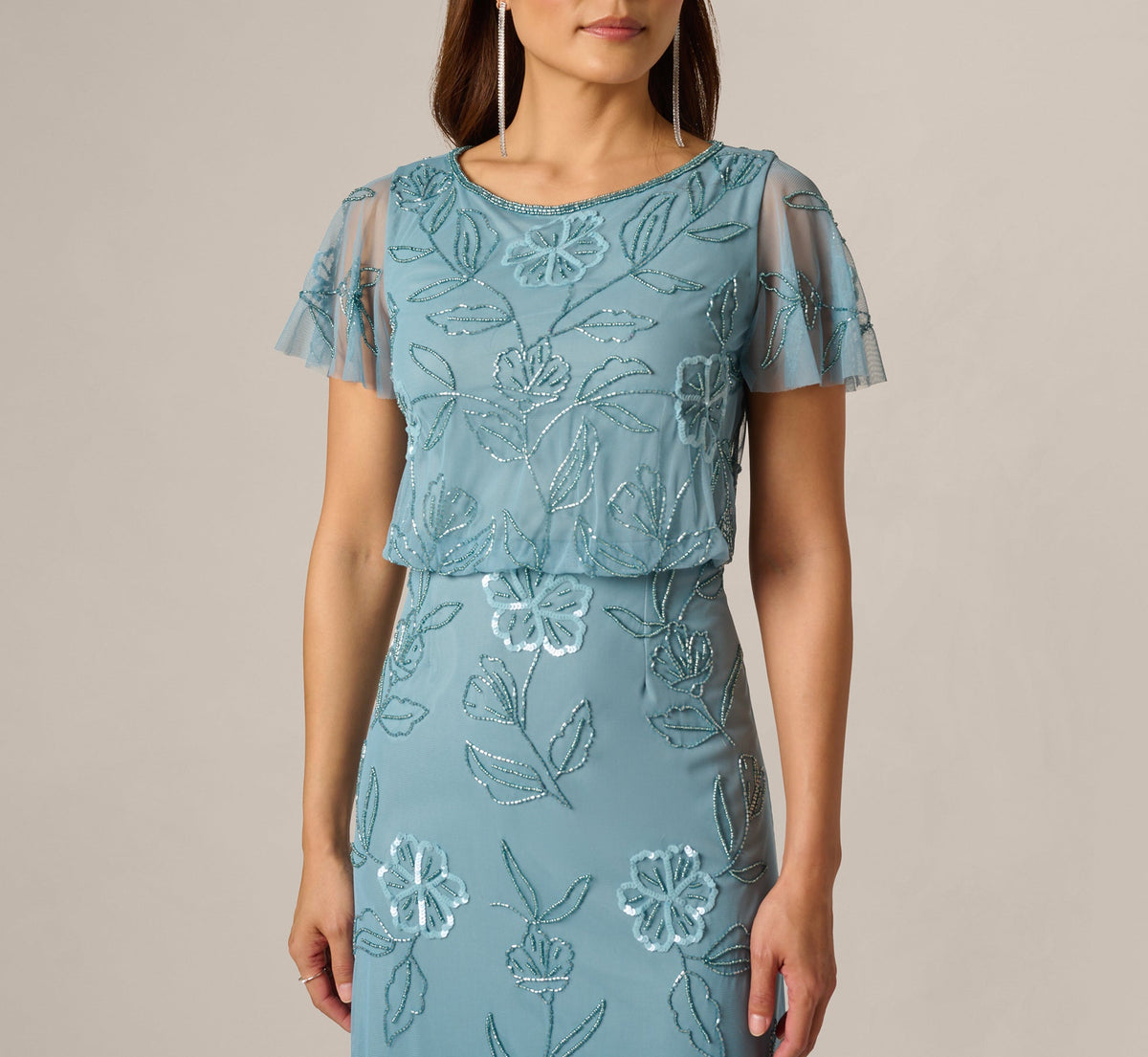 Flutter Sleeve Floral Beaded Blouson Gown - Air Sky | Adrianna Papell
