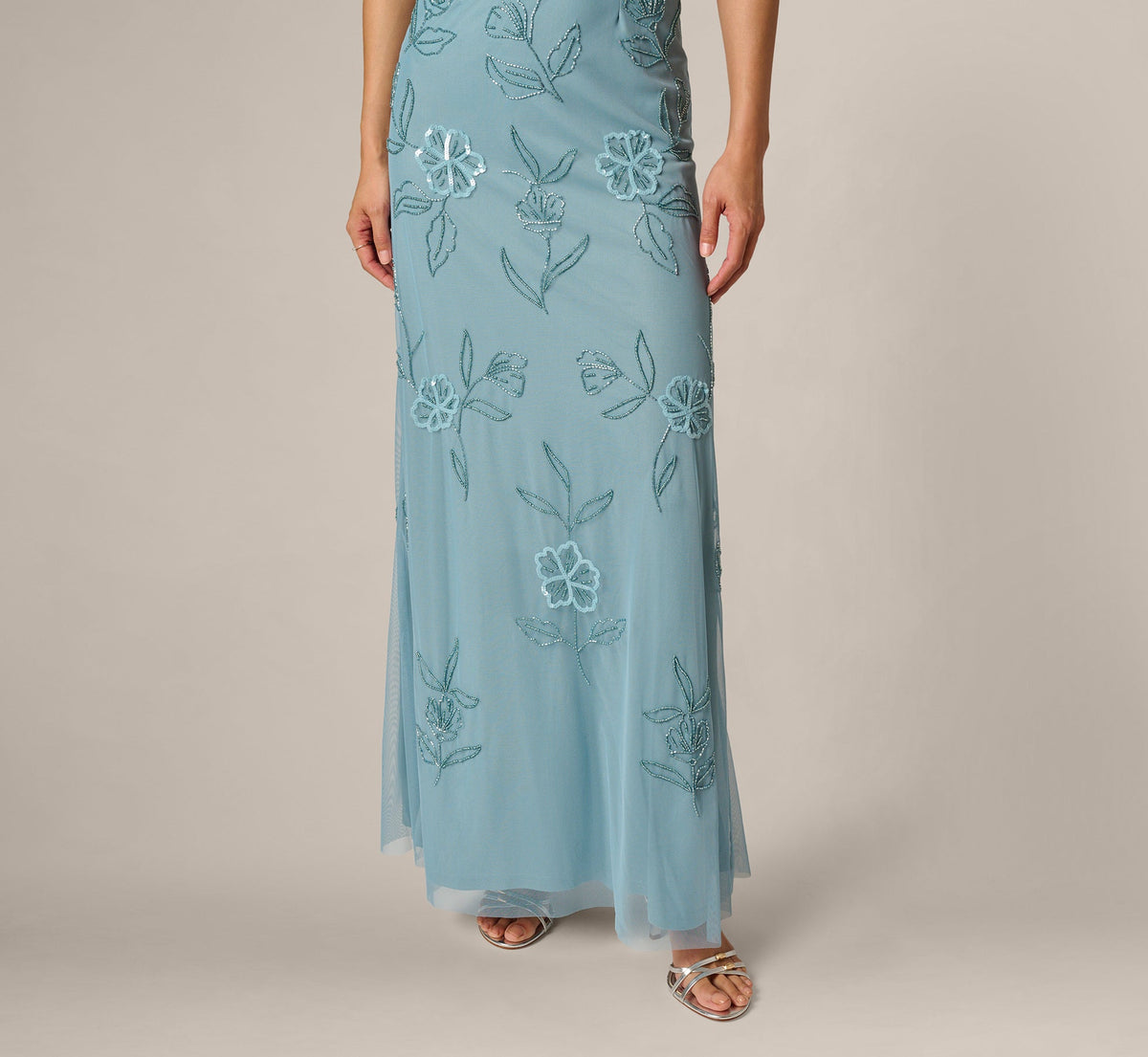 Flutter Sleeve Floral Beaded Blouson Gown - Air Sky | Adrianna Papell