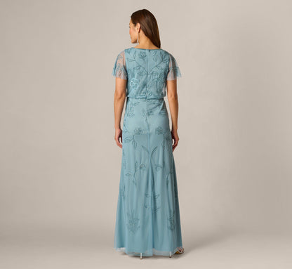 Flutter Sleeve Floral Beaded Blouson Gown - Air Sky | Adrianna Papell