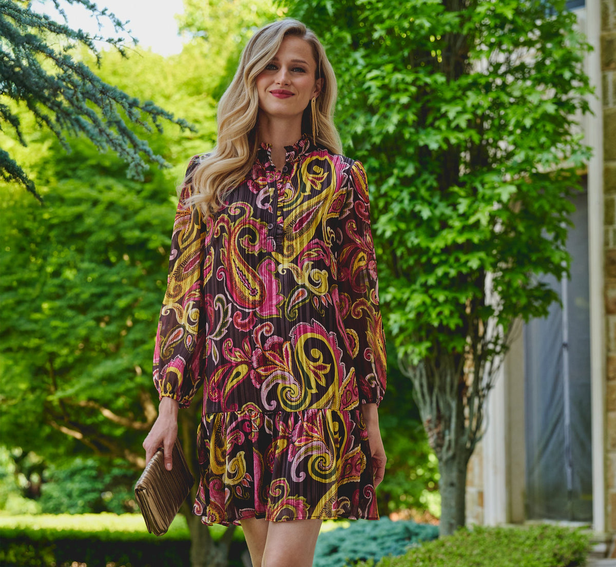 Long Sleeve Paisley Chiffon Trapeze Dress - Brown Multi | Adrianna Papell