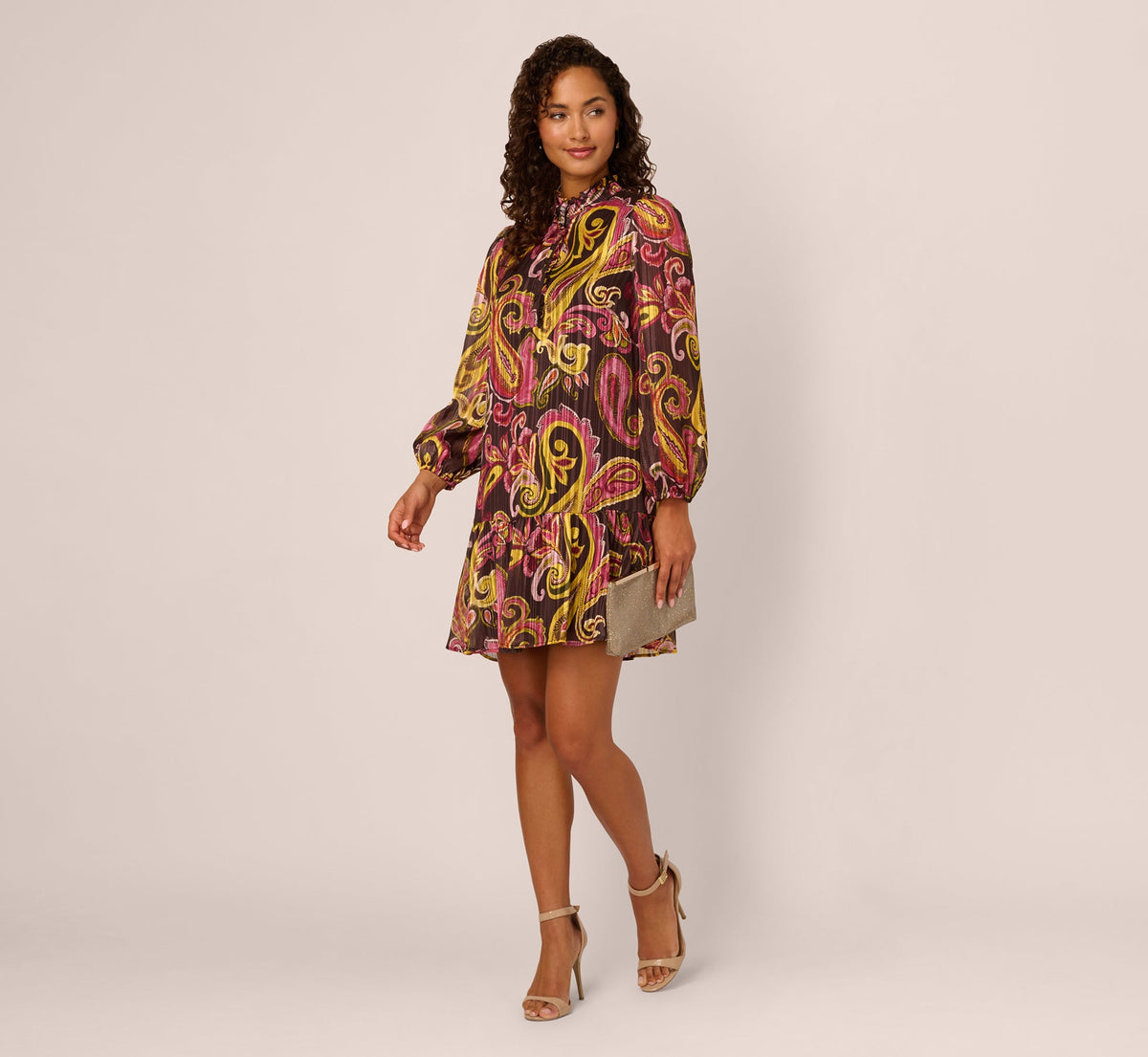 Long Sleeve Paisley Chiffon Trapeze Dress - Brown Multi | Adrianna Papell