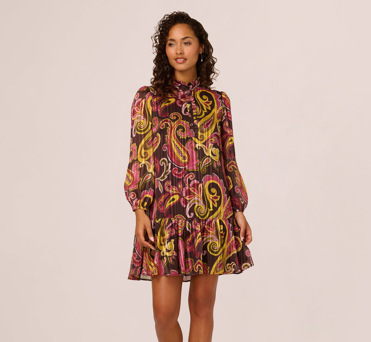 Long Sleeve Paisley Chiffon Trapeze Dress - Brown Multi | Adrianna Papell