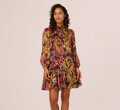 Long Sleeve Paisley Chiffon Trapeze Dress - Brown Multi | Adrianna Papell