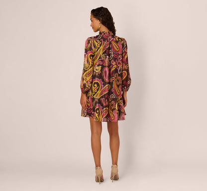 Long Sleeve Paisley Chiffon Trapeze Dress - Brown Multi | Adrianna Papell