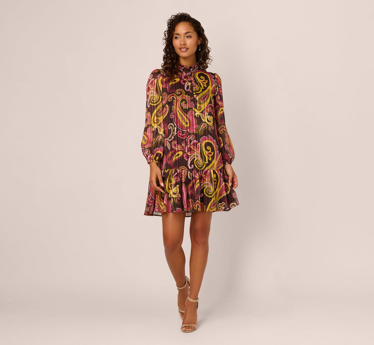Long Sleeve Paisley Chiffon Trapeze Dress - Brown Multi | Adrianna Papell