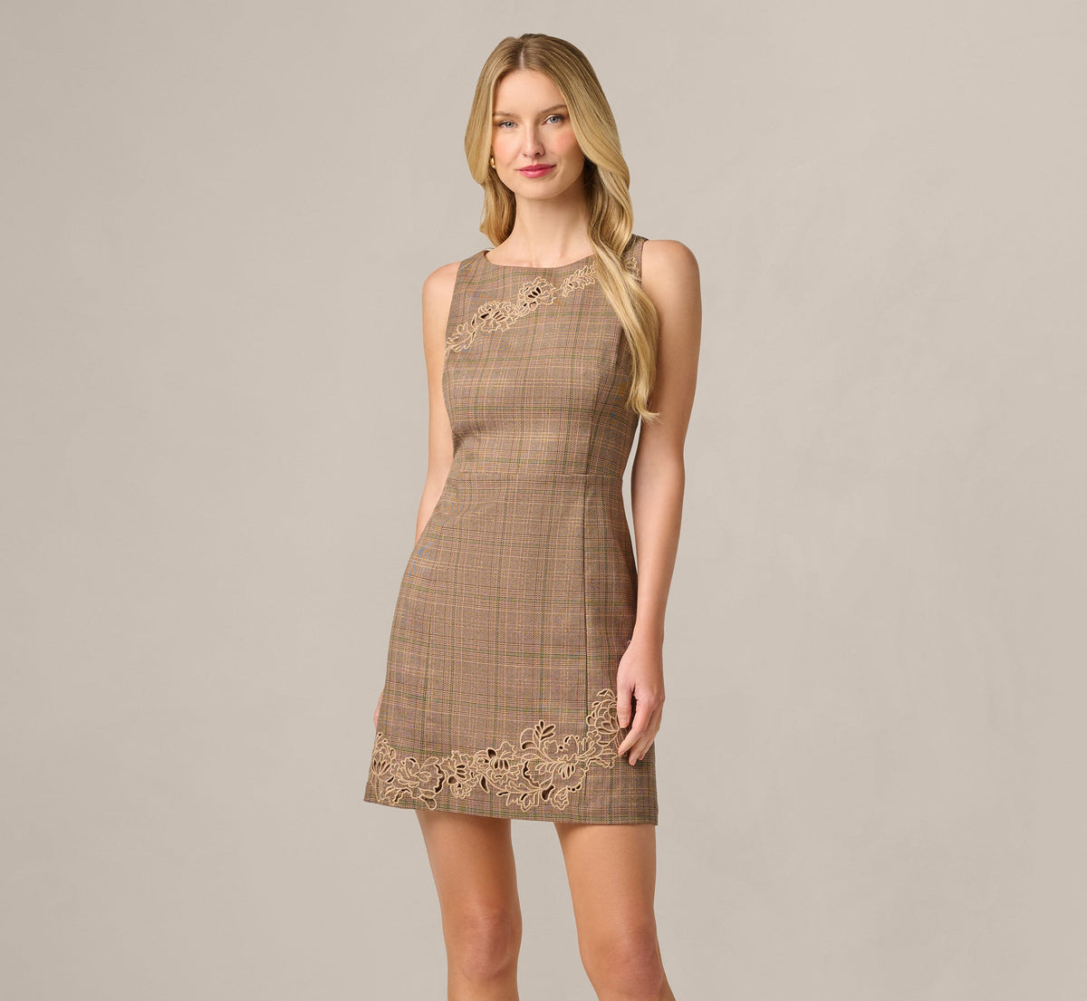 Metallic Plaid Floral Embroidered Short Dress - Brown Multi | Adrianna Papell