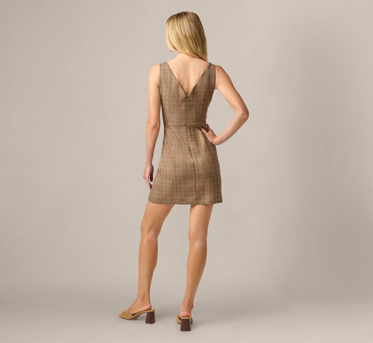 Metallic Plaid Floral Embroidered Short Dress - Brown Multi | Adrianna Papell