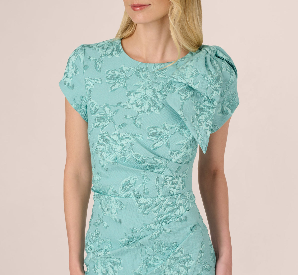 Cap Sleeve Floral Jacquard Bow Midi Dress - Teal | Adrianna Papell
