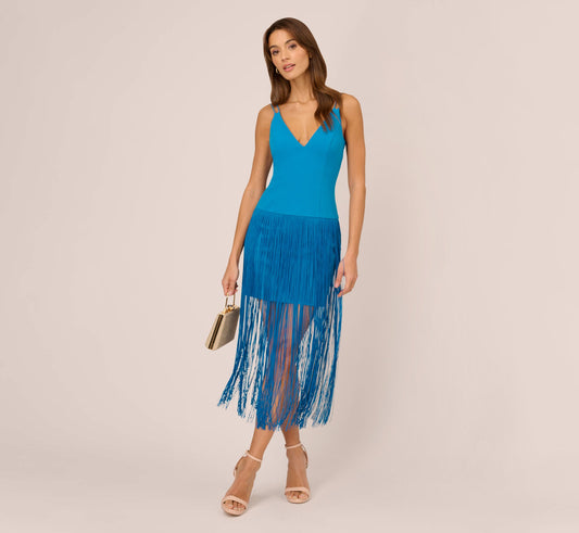 Crepe Fringe Dress With Double Spaghetti Straps And V Back - Deep Cerulean | Adrianna Papell