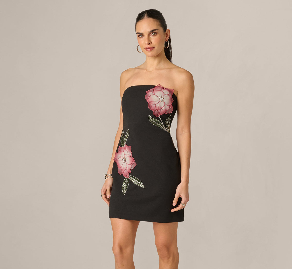 Strapless Lotus Floral Mini Dress - Black Multi | Adrianna Papell
