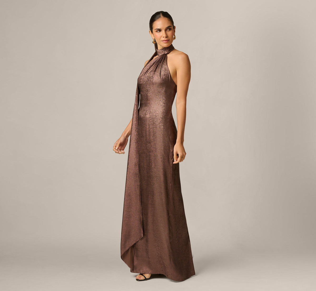 Foiled Chiffon Asymmetrical Halter Scarf Gown - Espresso | Adrianna Papell