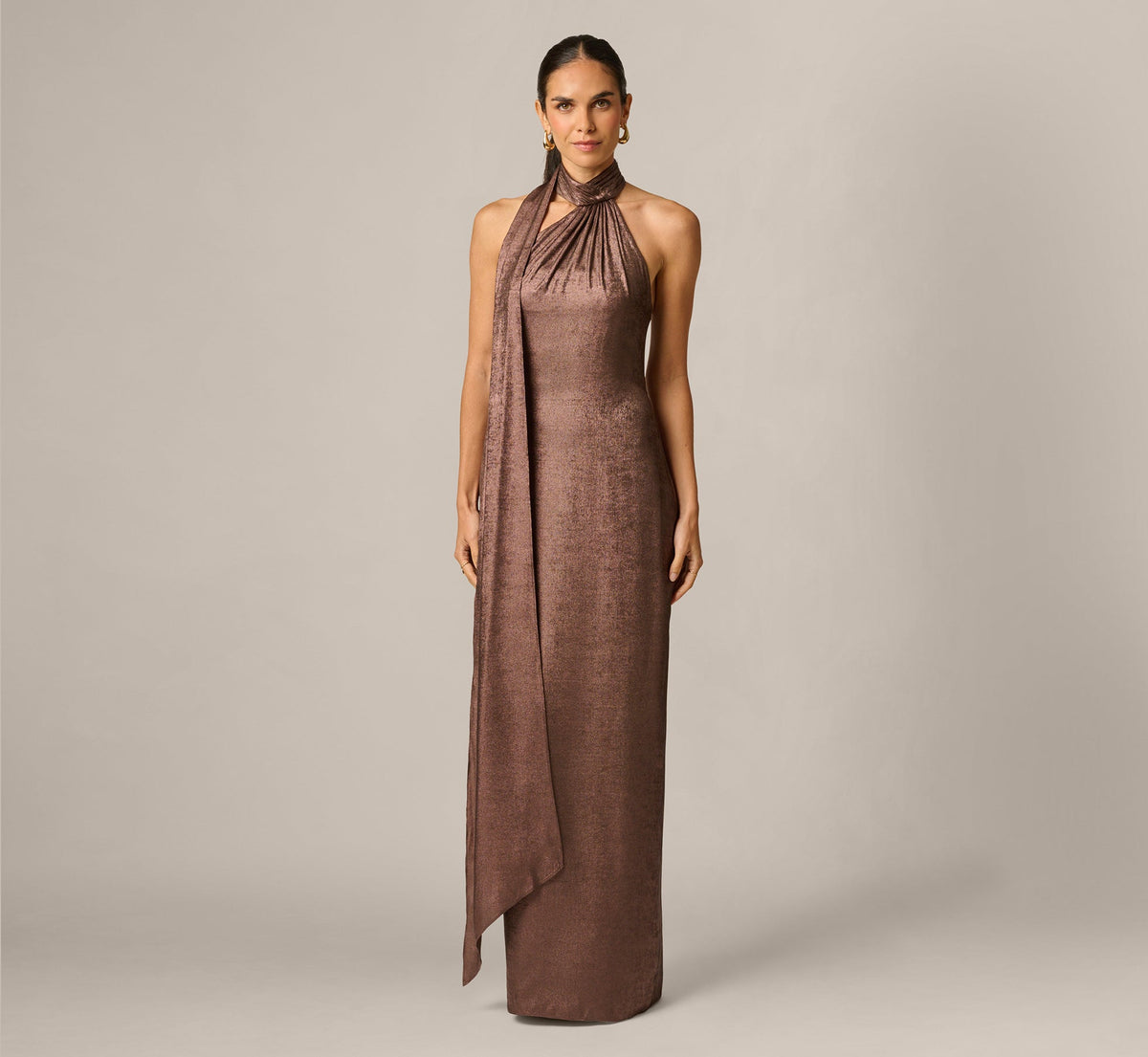 Foiled Chiffon Asymmetrical Halter Scarf Gown - Espresso | Adrianna Papell