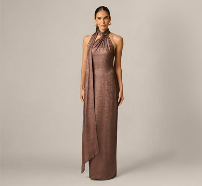 Foiled Chiffon Asymmetrical Halter Scarf Gown - Espresso | Adrianna Papell