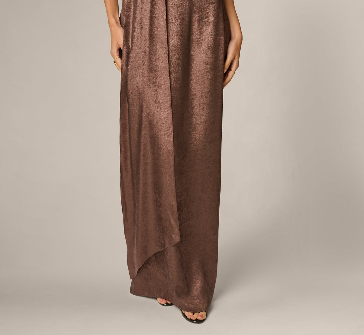 Foiled Chiffon Asymmetrical Halter Scarf Gown - Espresso | Adrianna Papell